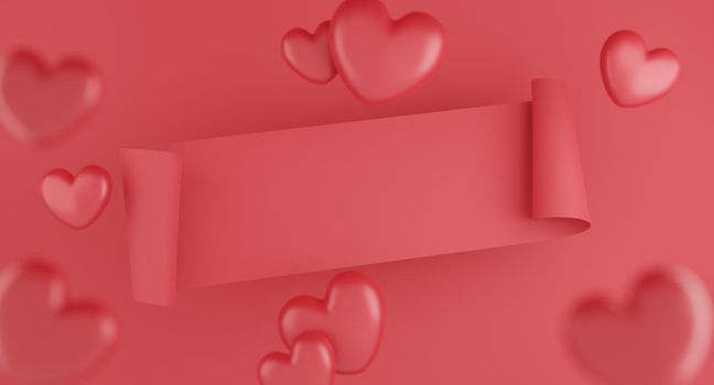 Valentine's Day concept, red hearts balloons with banner on red background. 3D rendering.