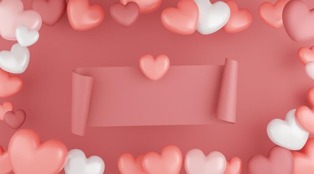 Valentine's Day concept, white and pink hearts balloons with banner on pink background. 3D rendering.