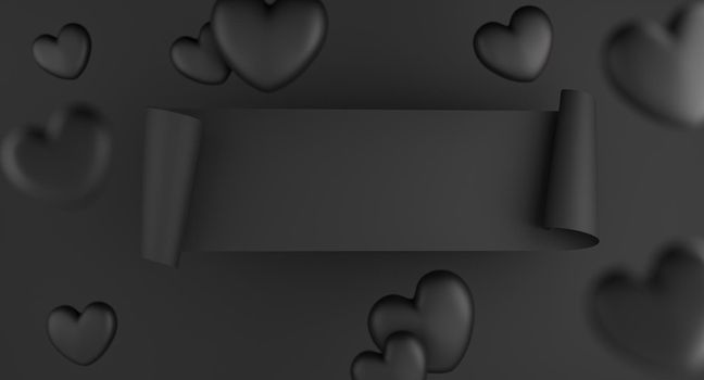 Valentine's Day concept, black hearts balloons with banner on black background. 3D rendering.