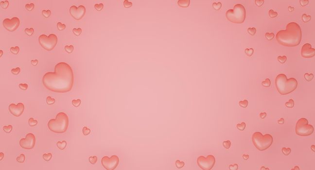 Valentine's Day concept, pink hearts balloons on pink background. 3D rendering.