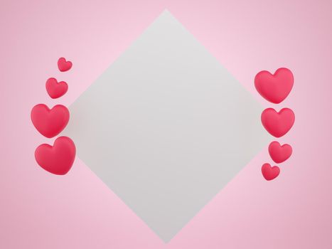 Valentine's Day concept, red hearts balloons with banner on pink background. 3D rendering.