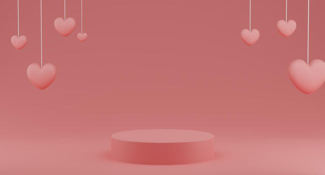 Valentine's Day concept, pink hearts balloons with round pedestal on pink background. 3D rendering.