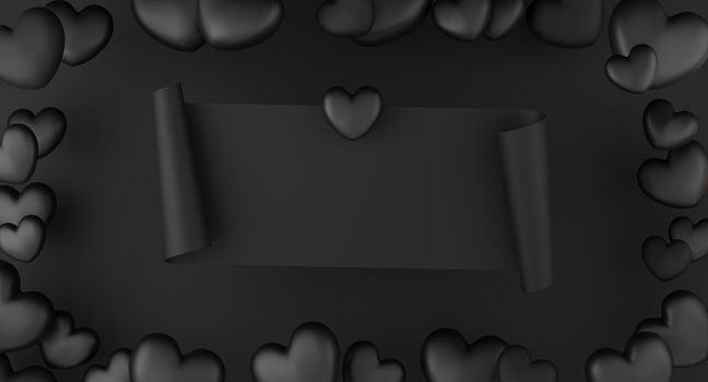 Valentine's Day concept, black hearts balloons with banner on black background. 3D rendering.