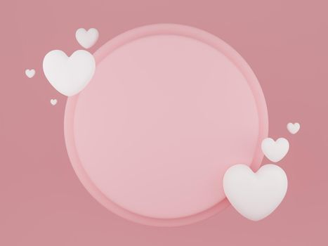 Valentine's Day concept, white hearts balloons with banner on pink background. 3D rendering.