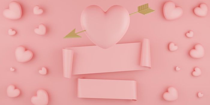Valentine's Day concept, pink hearts balloons with gold arrow and banner on pink background. 3D rendering.