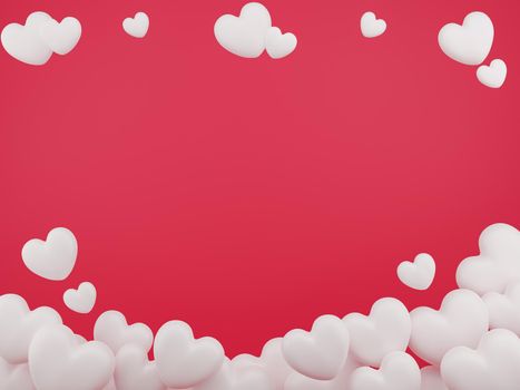 Valentine's Day concept, white hearts balloons on red background. 3D rendering.