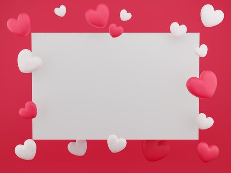 Valentine's Day concept, white and red hearts balloons with banner on red background. 3D rendering.