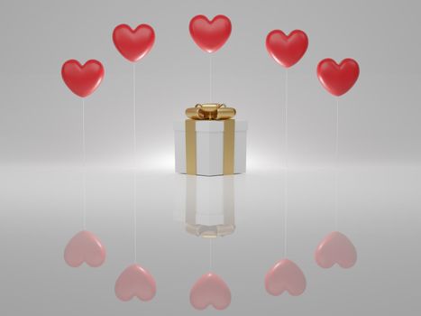 Valentine's Day concept, red hearts balloons and white gift box with gold ribbon on white background. 3D rendering.