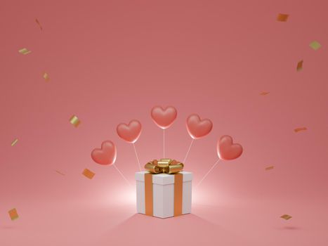 Valentine's Day concept, pink hearts balloons and white gift box with pink gold ribbon on pink background. 3D rendering.