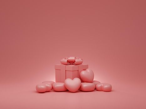 Valentine's Day concept, pink hearts and gift box with ribbon on pink background. 3D rendering.