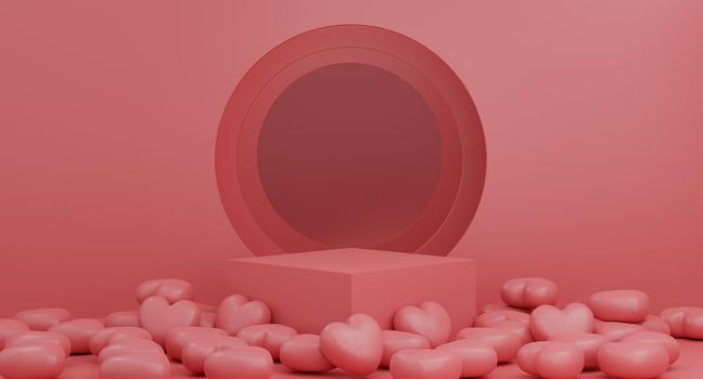 Valentine's Day concept, pink hearts with pedestal with round window on pink wall background. 3D rendering.