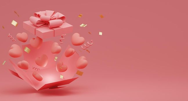 Valentine's Day concept, pink hearts balloons in gift box with ribbon on pink background. 3D rendering.