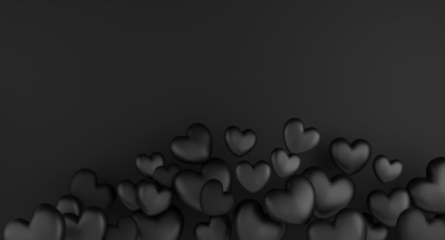 Valentine's Day concept, black hearts balloons on black background. 3D rendering.