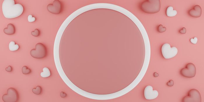 Valentine's Day concept, top view of white and pink hearts balloons with round stand on pink background with empty space for text. 3D rendering.
