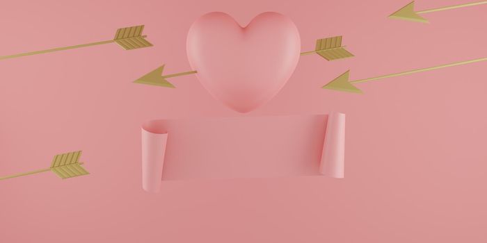 Valentine's Day concept, pink hearts balloons with gold arrow and banner on pink background with empty space for text. 3D rendering.