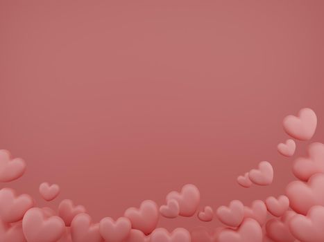 Valentine's Day concept, pink hearts balloons on pink background. 3D rendering.