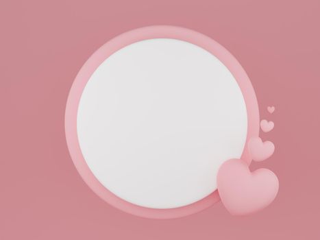 Valentine's Day concept, pink hearts balloons with round shape banner on pink background with empty space for text. 3D rendering.