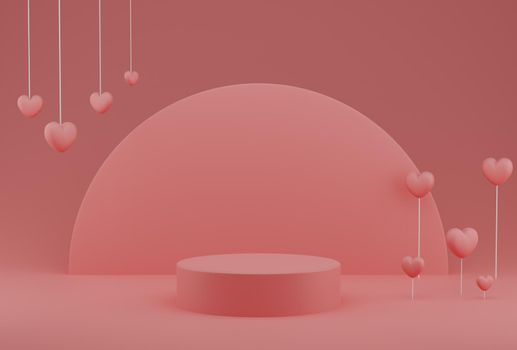 Valentine's Day concept, pink hearts balloons with pedestal and round backdrop on pink background. 3D rendering.