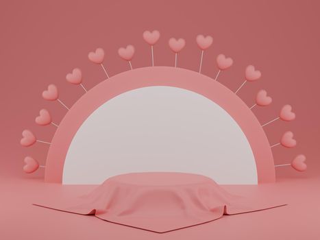 Valentine's Day concept, pink hearts balloons with round shape backdrop and pedestal on pink background. 3D rendering.