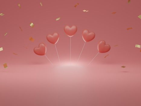 Valentine's Day concept, pink hearts balloons on pink background. 3D rendering. empty space for text.