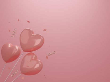 Valentine's Day concept, pink hearts balloons on pink background. 3D rendering. empty space for text.