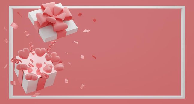 Mock up gift box with flying balloons hearts on pink color background. Festive concept. 3d rendering.