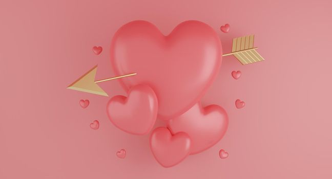 Valentine's Day concept, pink hearts balloons with gold arrow on pink background. 3D rendering.