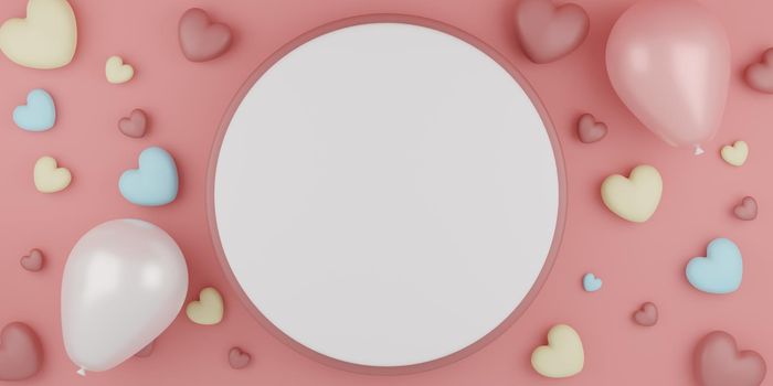 Valentine's Day concept pastel hearts balloons with pedestal and round backdrop on pink background. 3D rendering.