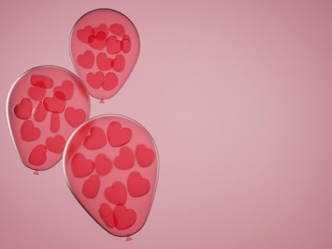 Valentine's Day concept, hearts in transparent balloons on pink background. 3D rendering.
