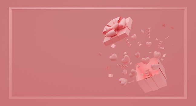 Mock up gift box with flying balloons hearts on pink color background. Festive concept. 3d rendering.