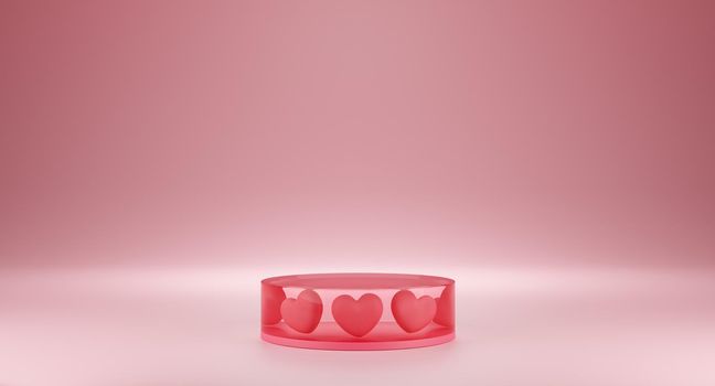 Valentine's Day concept, hearts balloons with pedestal and round backdrop on pink background. 3D rendering.