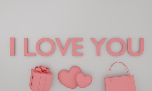 Set of mock up pink text " I love you " on white color background. Festive design. 3d rendering.