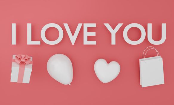 Set of mock up text " I love you " on pink color background. Festive concept. 3d rendering.