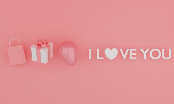 Set of mock up text " I love you " on pink color background. Festive concept. 3d rendering.