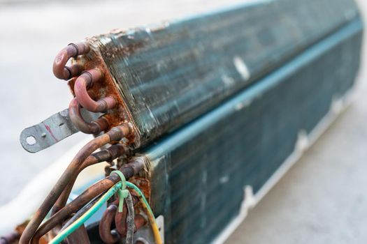 Close up old coil cooler of air conditioner