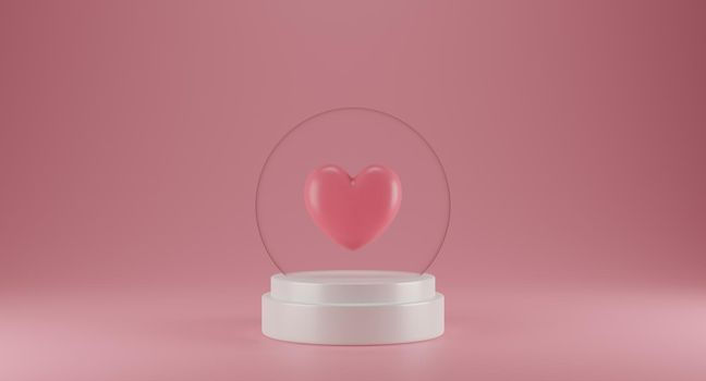 Valentine's Day concept with ball glass pedestal and round backdrop on pink background. 3D rendering.