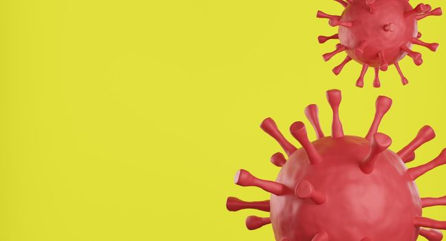 Red corona virus cell on yellow background. 3d rendering