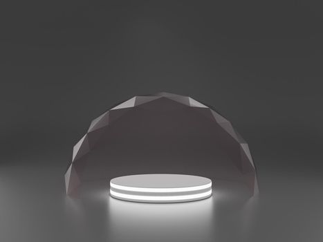 Mock-up transparent glass dome. dome cover for podium exhibition, protection barrier. 3d rendering.