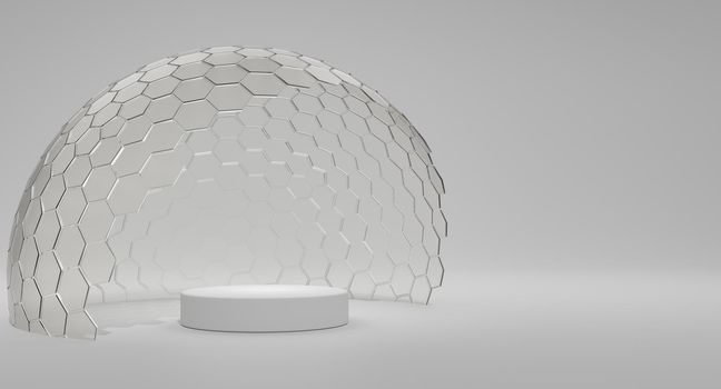 Mock-up transparent glass dome. dome cover podium for exhibition, protection barrier. 3d rendering.