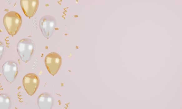 Festive realistic pink and white balloons color with ribbon and gold glitter. Celebrate concept. 3d rendering.