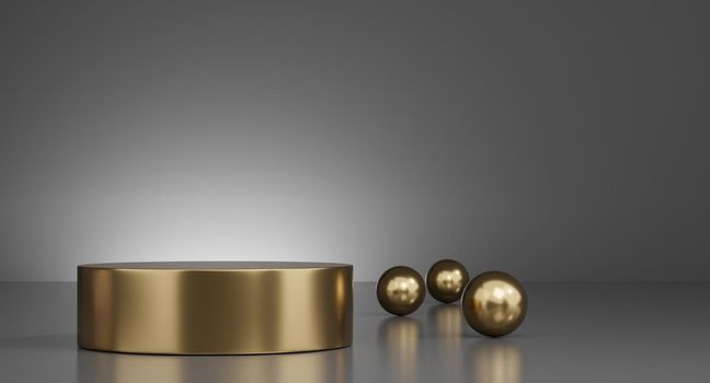 3D gold minimal podiums, pedestals, steps on the background and gold ball decoration. Mock Up. 3d rendering.