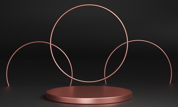 3D pink gold minimal podiums, pedestals, steps on the background and a round pink gold frame. Mock Up. 3d rendering.