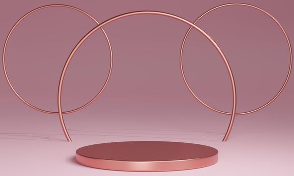 3D pink gold minimal podiums, pedestals, steps on the background and a round pink gold frame. Mock Up. 3d rendering.