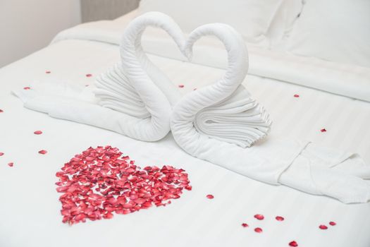 Swan towel on bed and rose petals in heart shape for honeymoon or wedding anniversary, romantic feeling.