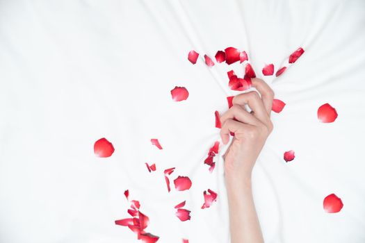 Women hand pulling or grasping white sheets. Hand sign orgasm of woman on white bed sheet with rose petals.