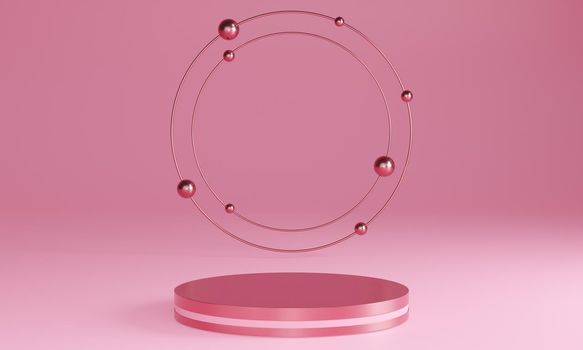 3D pink minimal podiums, pedestals, steps on the background and a round gold frame. Mock Up. 3d rendering.