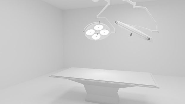 3D : surgery room with two illuminated medical lamps and empty bed. 3d rendering.