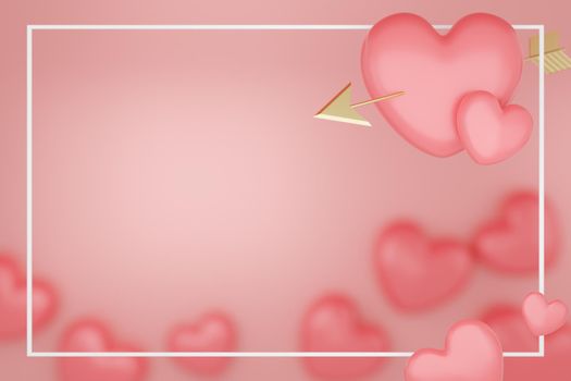 Valentine's Day concept, pink hearts with gold arrow on pink background. 3D rendering.