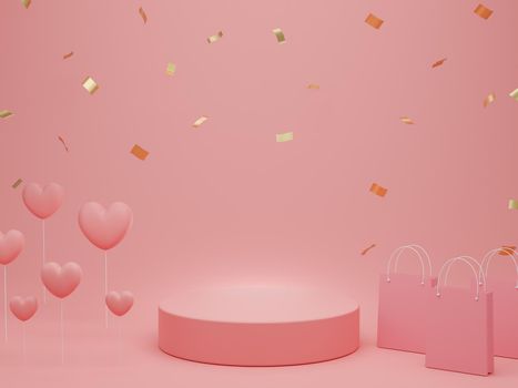 Valentine's Day : podium or product stand with hearts, shopping bag and gold glitter on pastel pink background with copy space. 3d rendering.