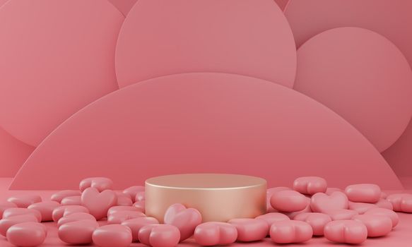Valentine's Day : gold podium or product stand with hearts symbol of love on pastel pink background with copy space. 3d rendering.